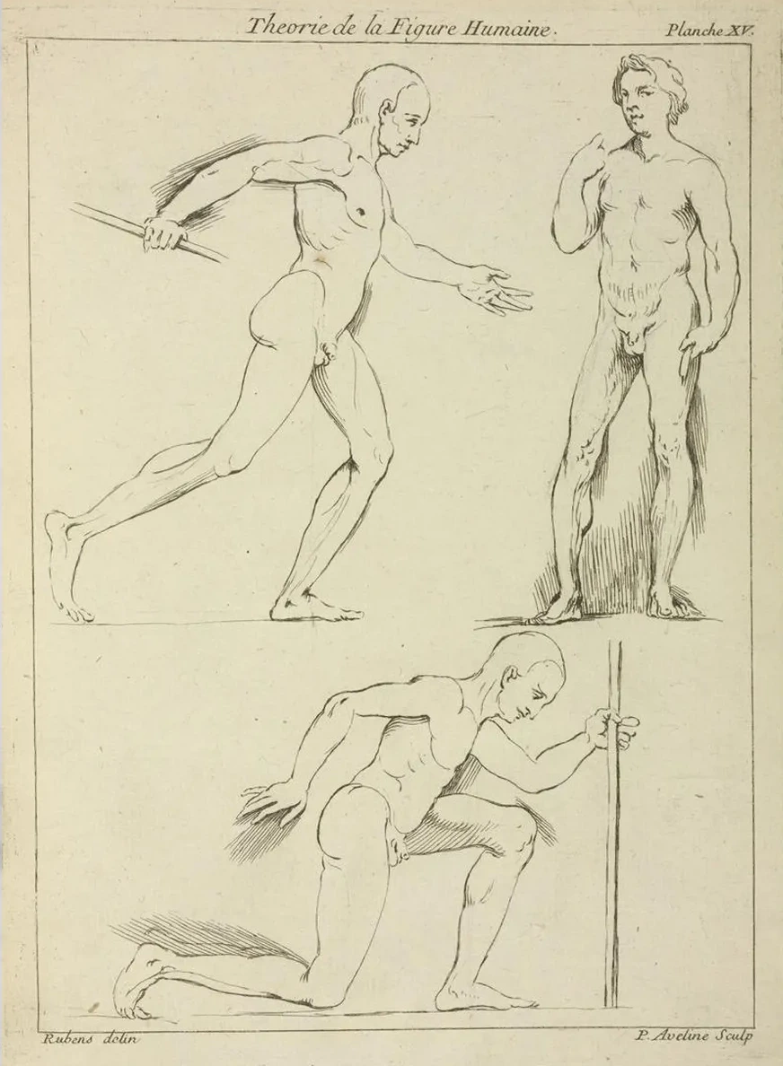 Three Male Figures, One Striding and One Kneeling