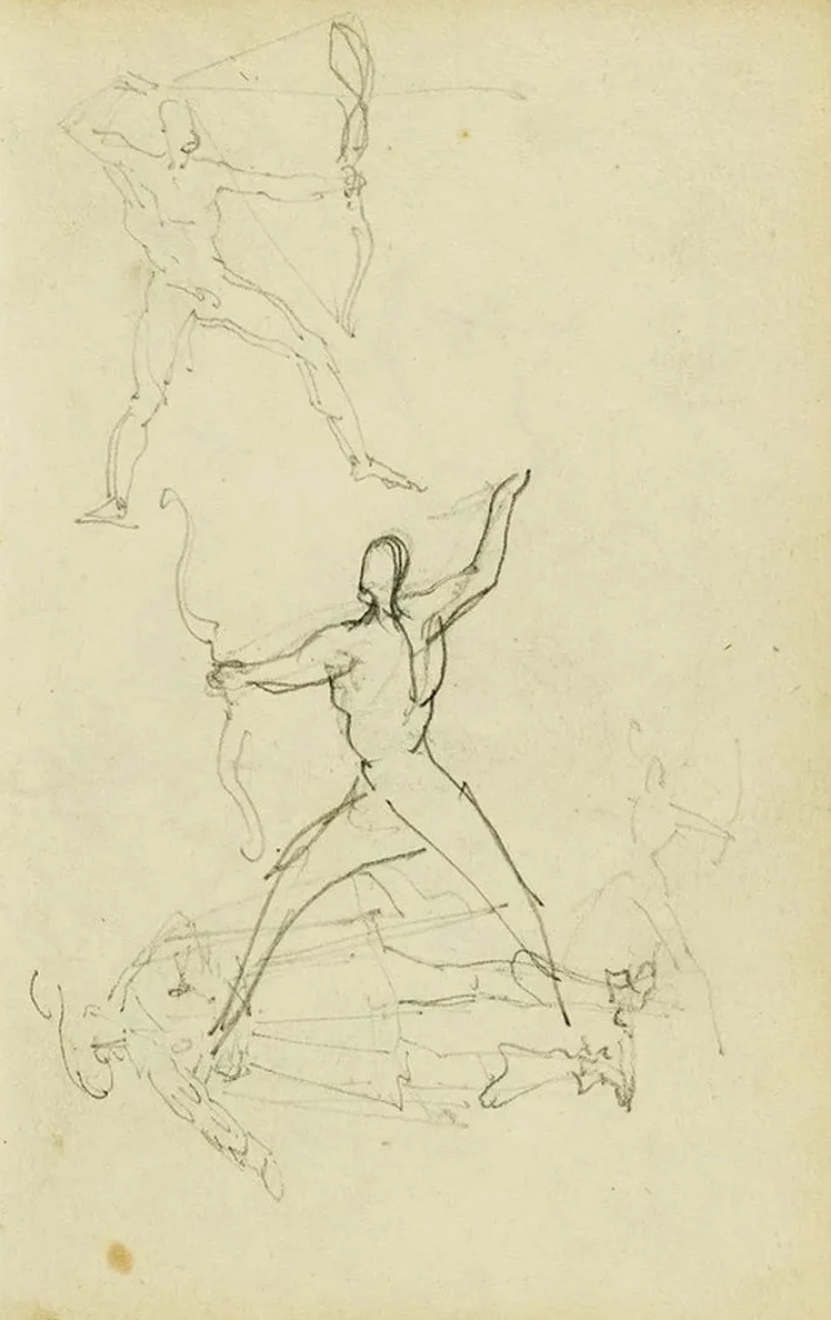 Three Studies of a Nude Man with Bow and Arrow, Standing Cavalier