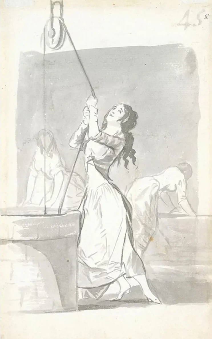 Three Women, One in the Foreground Drawing Water from a Well, Two in the Background Washing