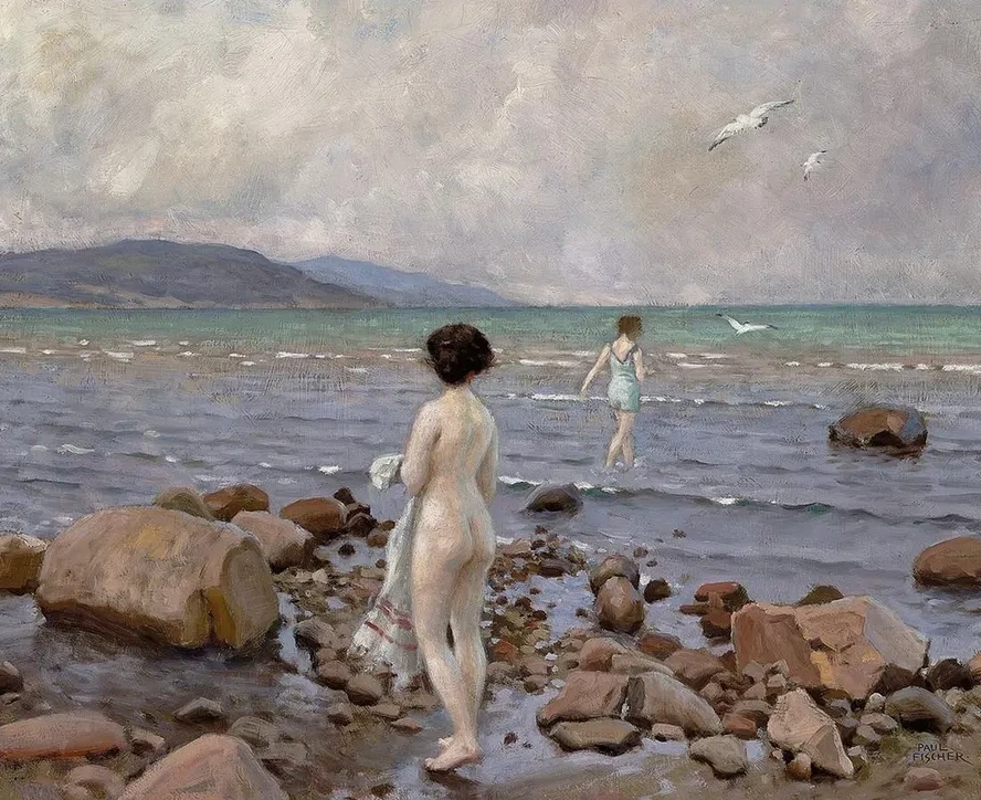 To Badepiger P En Stenet Strand