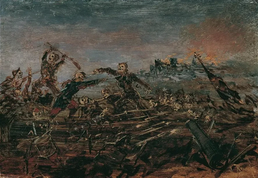 Totentanz Auf Dem Schlachtfeld Vor Brennenden Ruinen