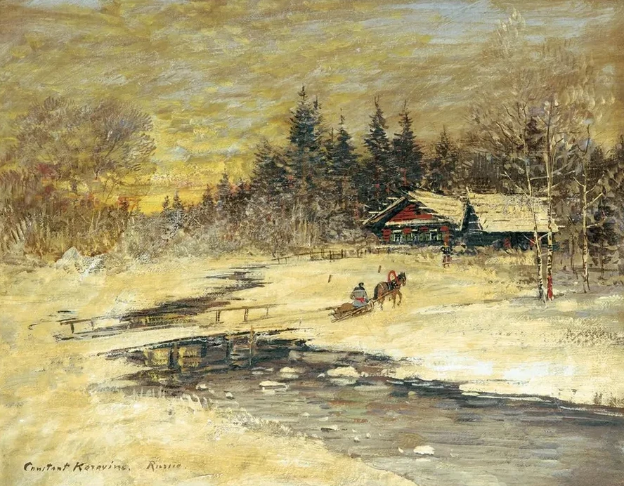 Traineau Passant Sur Un Pont Au Soleil Couchant