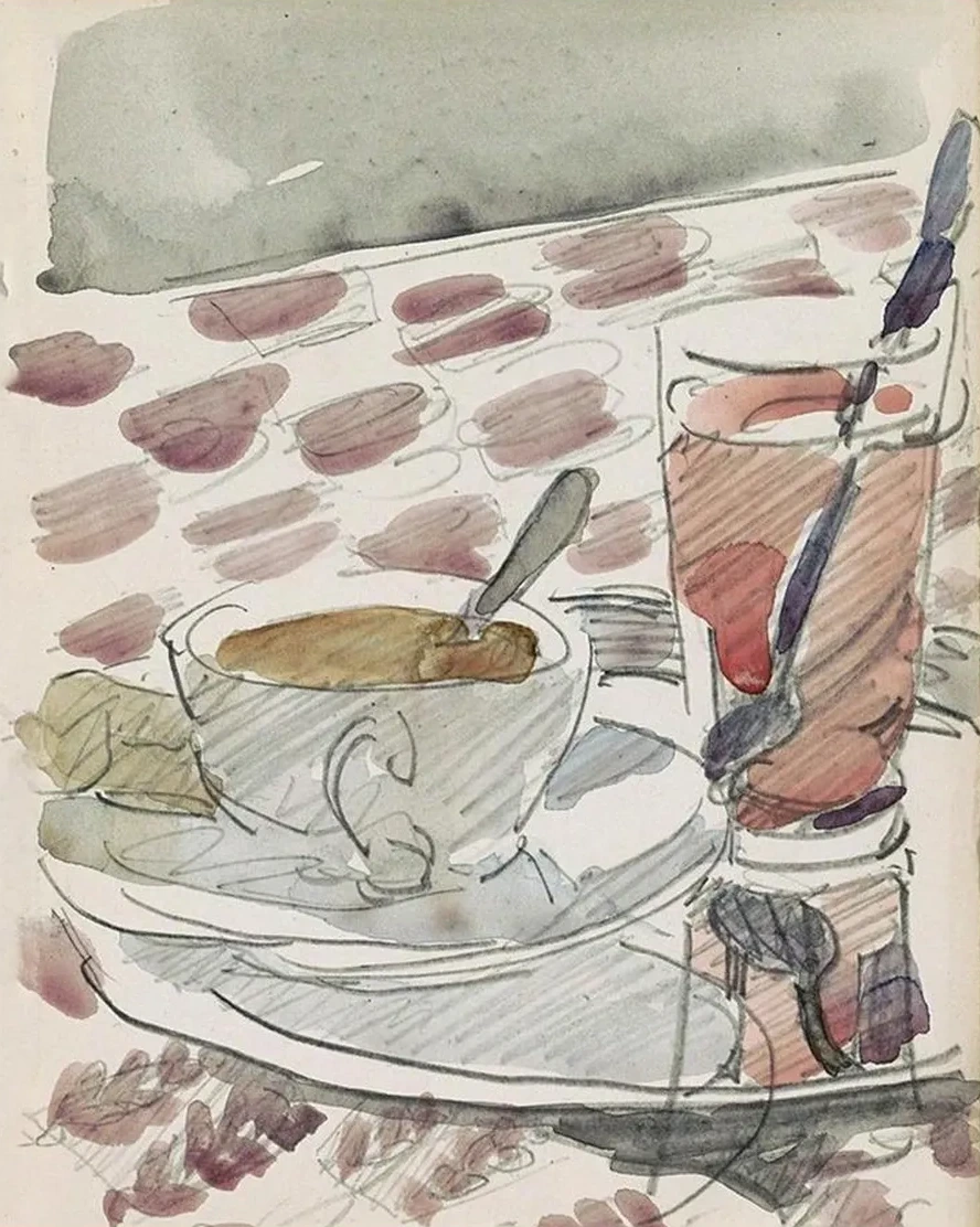 Tray with a Cup, Saucer and Glass on a Table