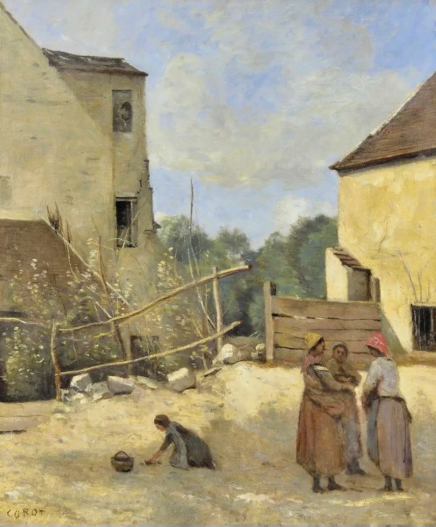 Trois Paysannes Causant Dans Une Cour Rustique