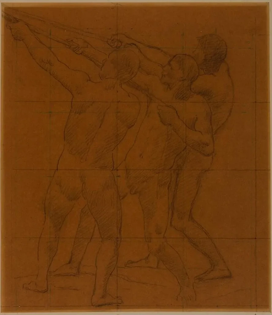 Trois Hommes Nus Debout, Tirant Sur Des Cordes