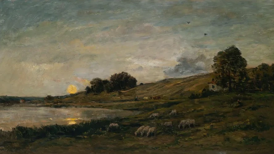Troupeau de Moutons Au Bord de la Rivi Re
