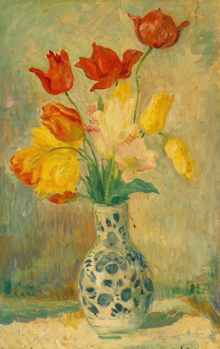Tulips in a Delftware Vase