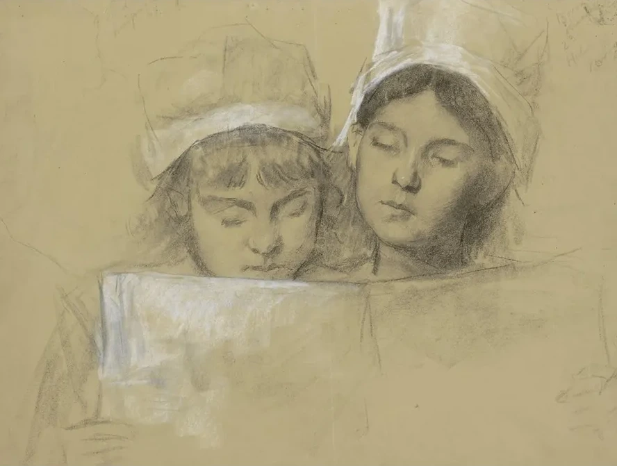 Twee Meisjes Met Witte Mutsen, Lezend in Een Boek