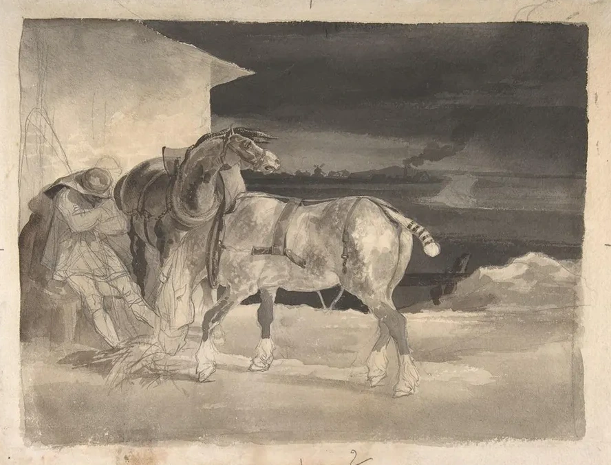 Two Draft Horses with a Sleeping Driver