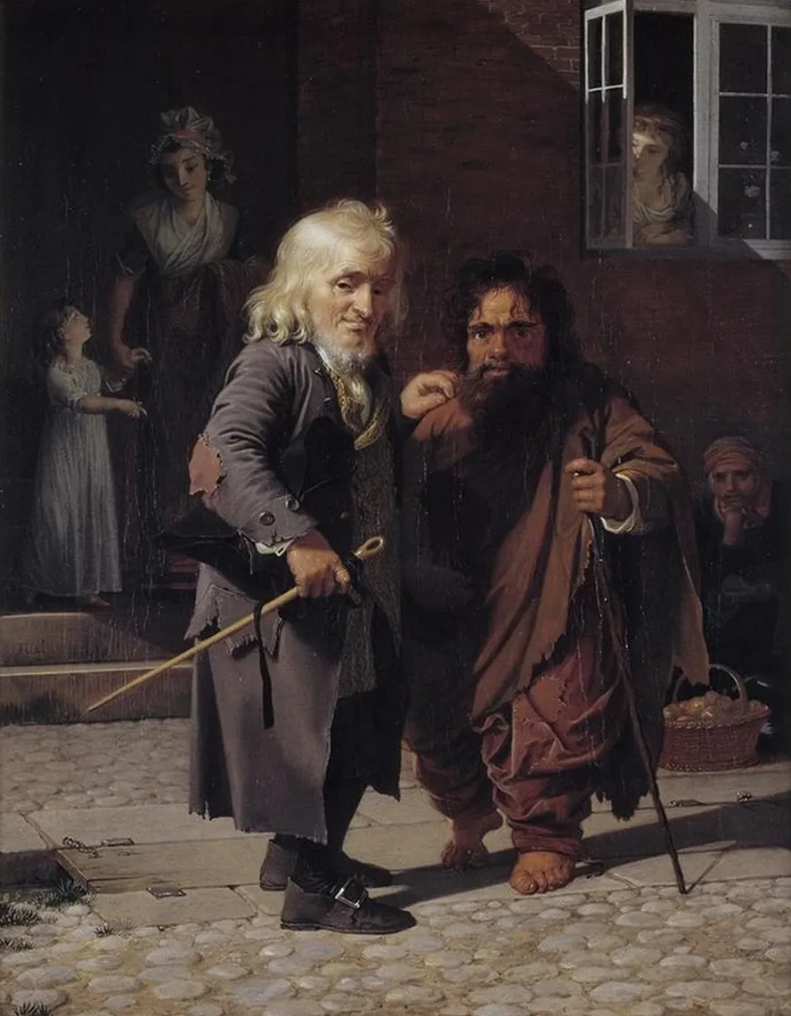 Two Dwarfs Obligeert, a Jewish Pigtail - Ribbon Vendor, Beside the Roman Dwarf Bajocco in One of the Streets of