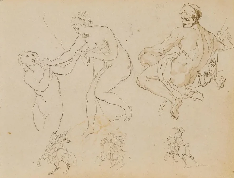 Two Female Nudes Seated Male Nude
