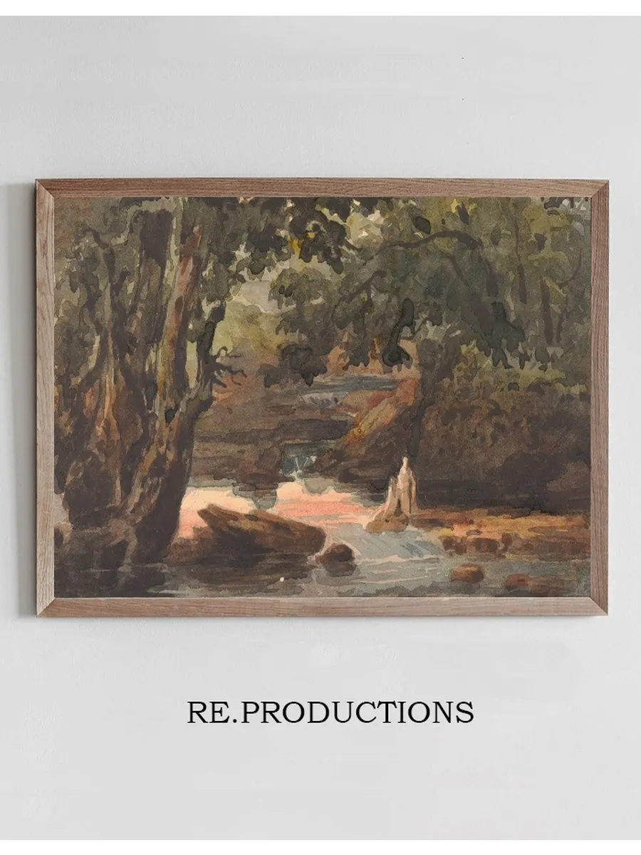 Two Figures in Stream, Bordered by Large Trees