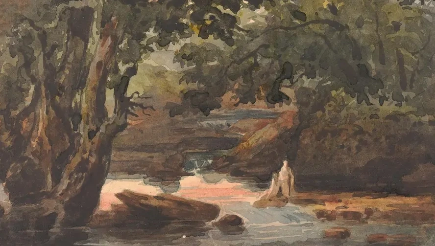 Two Figures in Stream, Bordered by Large Trees