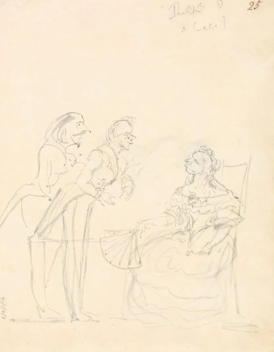 Two Gentlemen Talking to a Seated Lady