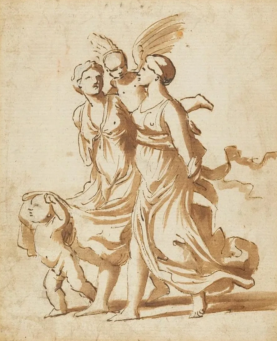 Two Girls Accompanied by Cupid