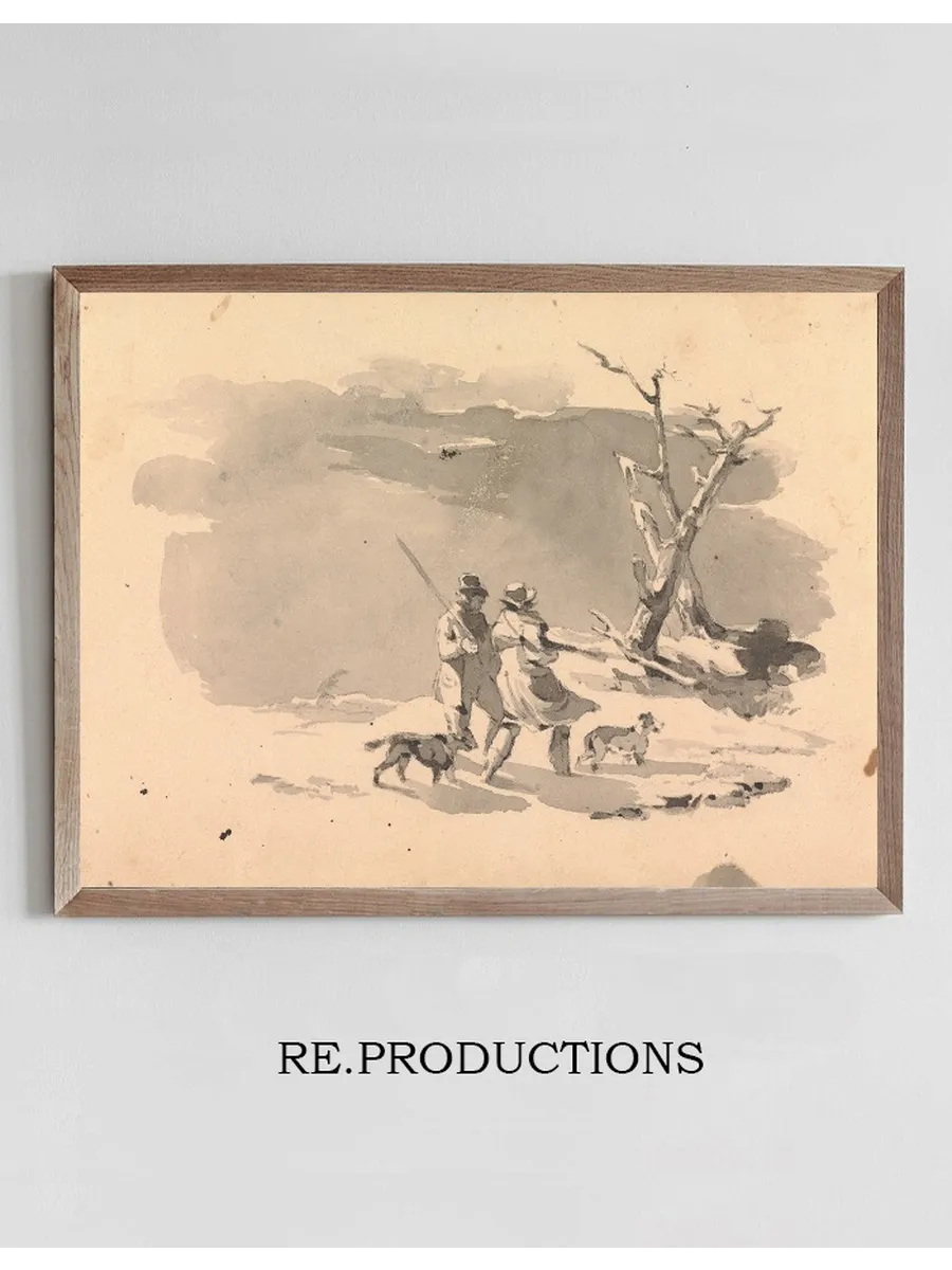 Two Hunters and Two Dogs in Winter Scene