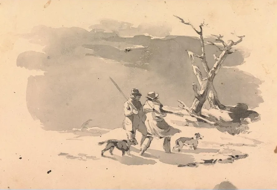 Two Hunters and Two Dogs in Winter Scene