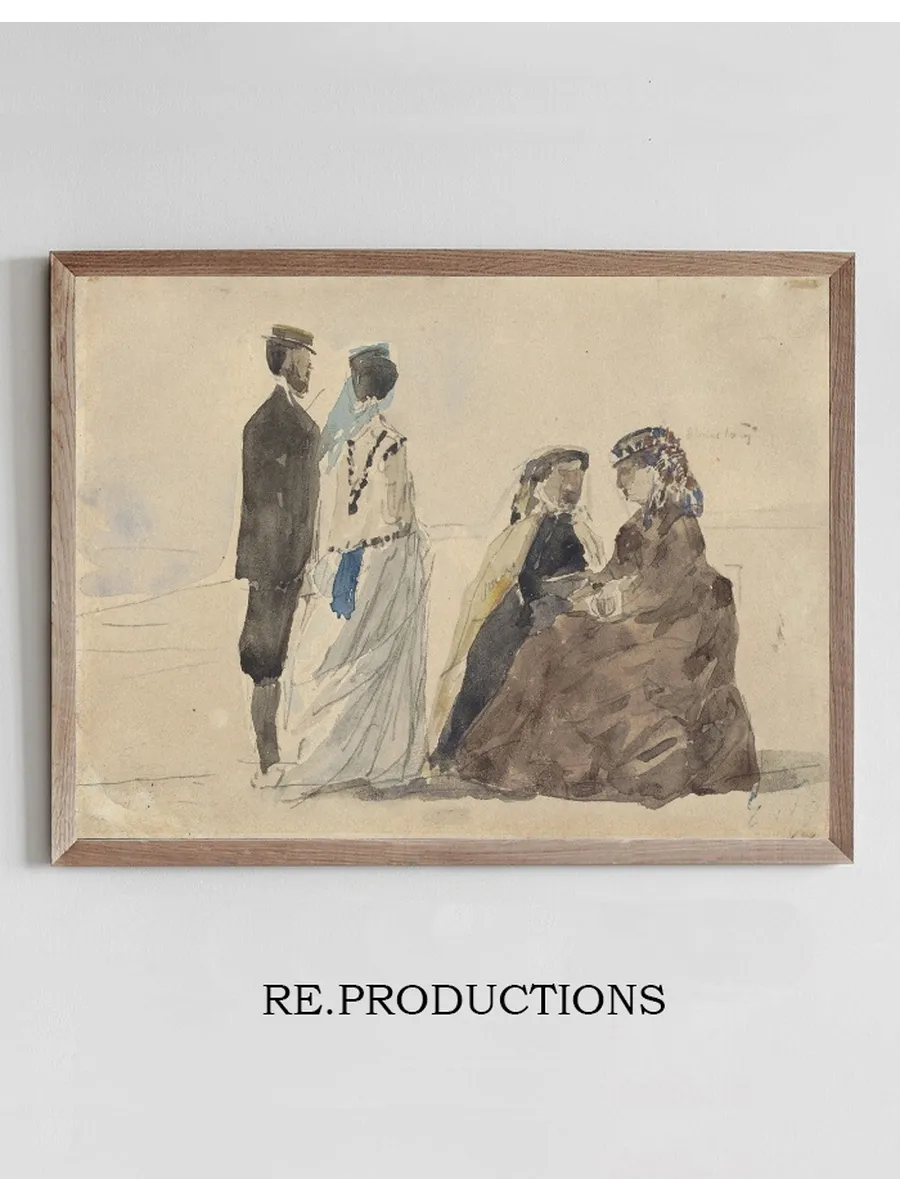 Two Ladies Seated and a Couple Walking on the Beach