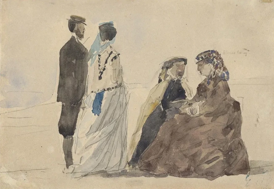 Two Ladies Seated and a Couple Walking on the Beach