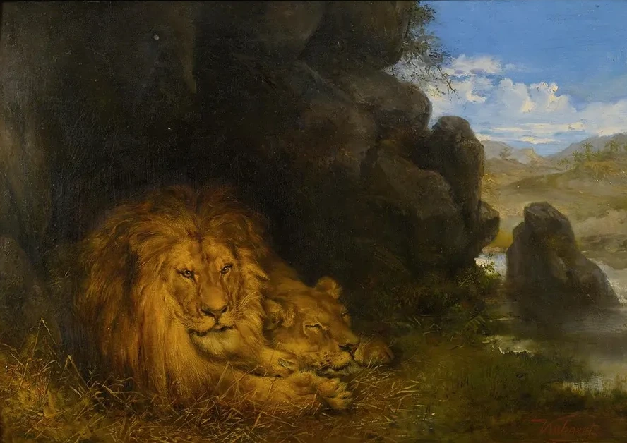 Two Lions In A Cave