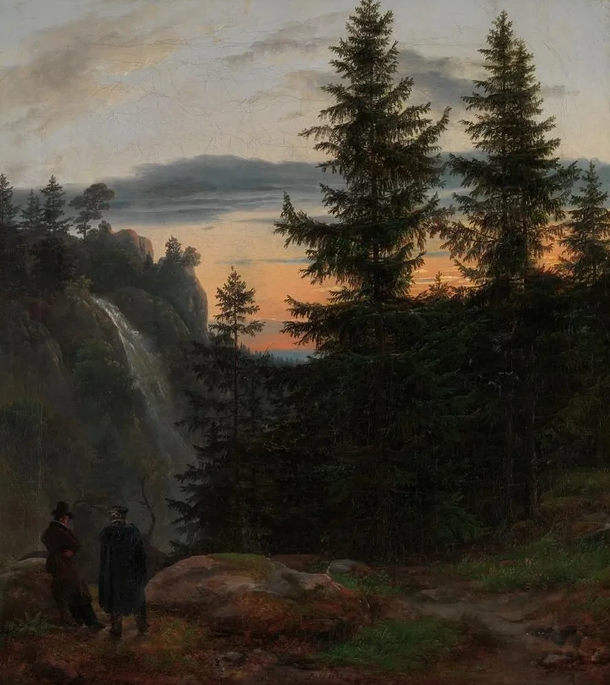 Two Men before a Waterfall at Sunset