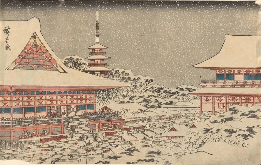 Two Red Pavilions in Snow