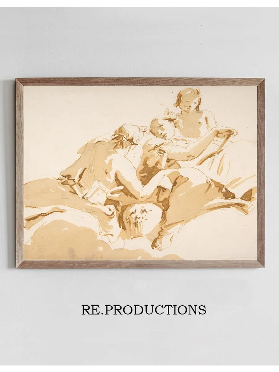 Two Seated Women and a Boy on Clouds
