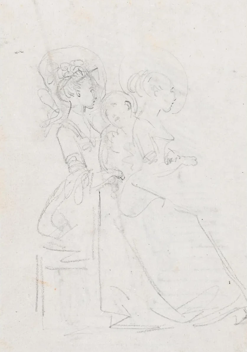 Two Seated Women with Male Figure between Them