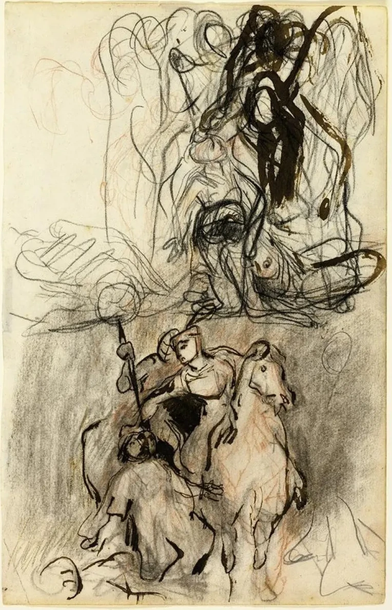 Two Sketches Armed Riders and Figure on the Ground