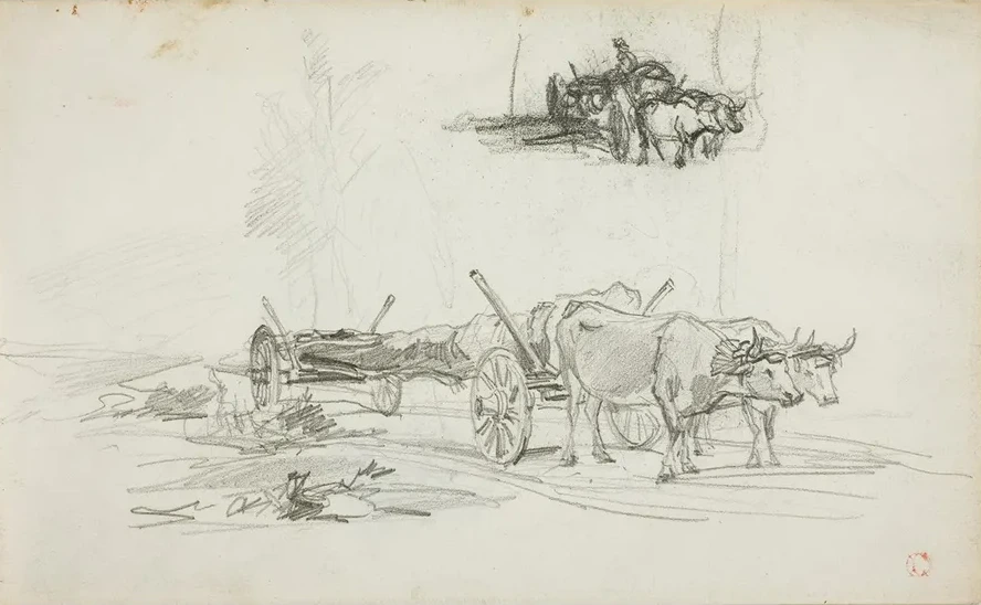 Two Sketches of Oxen Hauling a Log