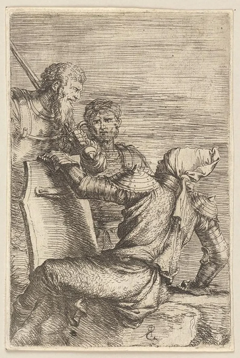 Two Soldiers Facing a Third Who Holds a Shield