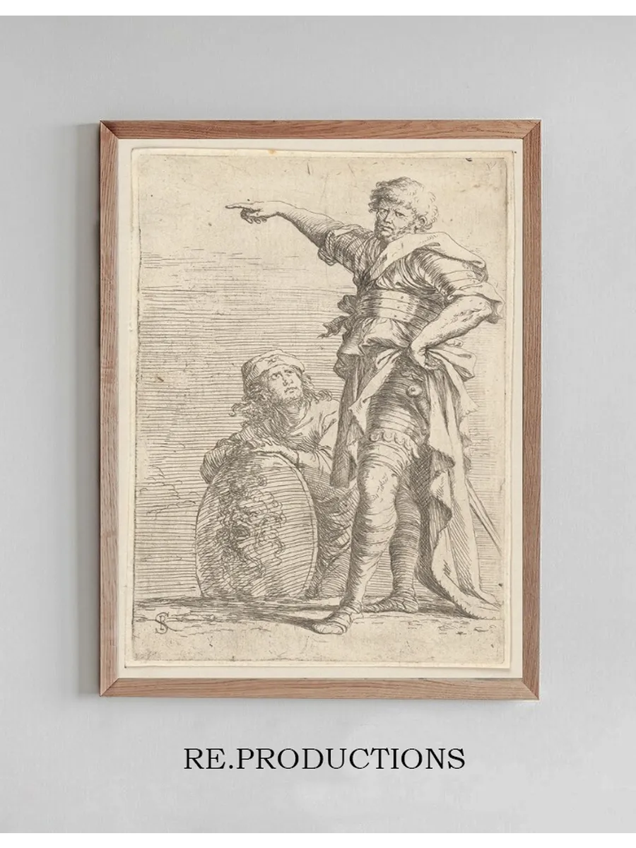 Two Soldiers, One Pointing Toward the Left, the One below Holding a Shield