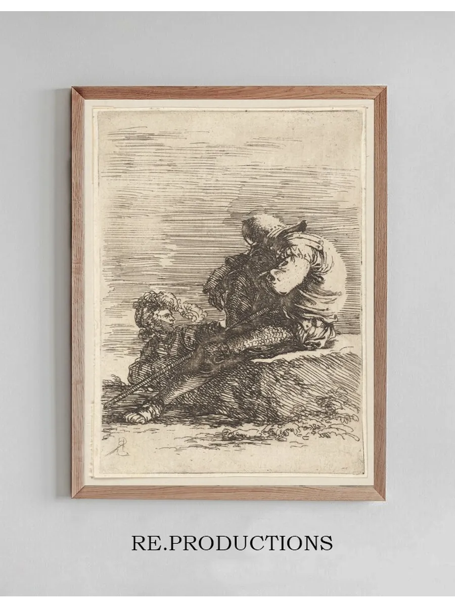 Two Soldiers, One Seated on a Ledge, Holding a Cane
