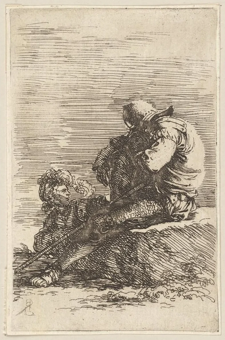 Two Soldiers, One Seated on a Ledge, Holding a Cane