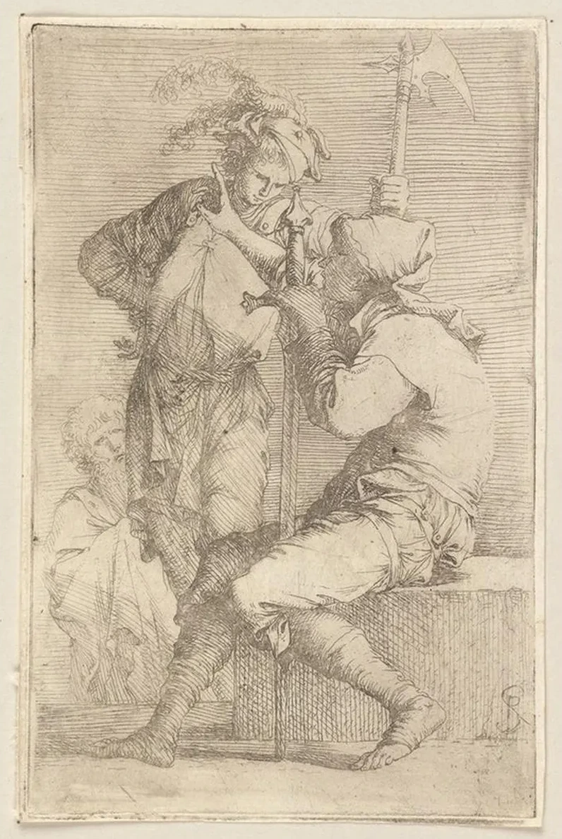 Two Soldiers, One Seated on a Square Stone