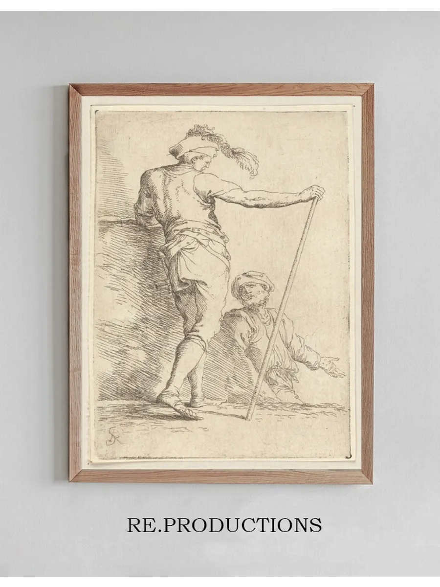 Two Soldiers, One Seen from Behind and Holding a Cane in His Right hand