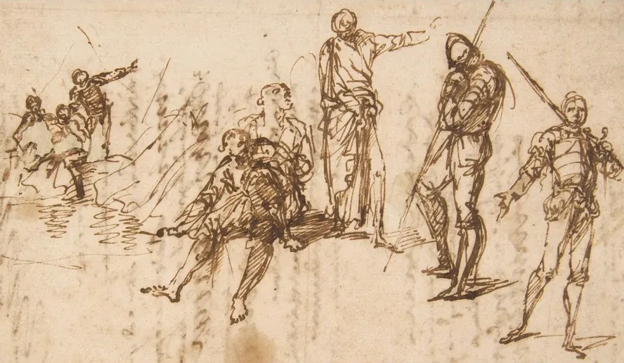 Two Standing Soldiers and Six other Figures