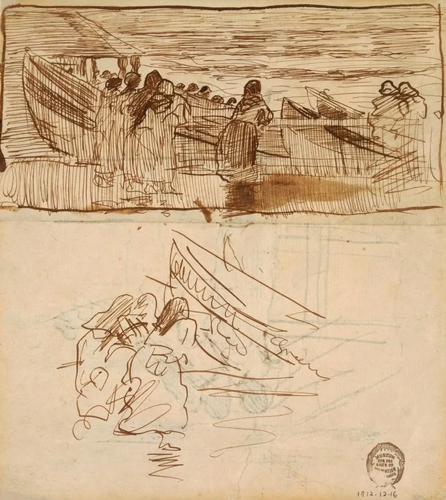 Two Studies of Women Standing Behind Railing, Looking at the Launching of Dories, Cullercoats, England