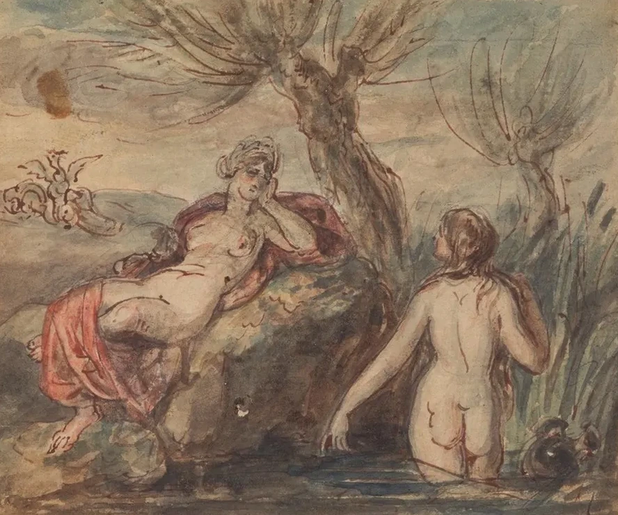 Two Women Enjoying Their Time by a Stream