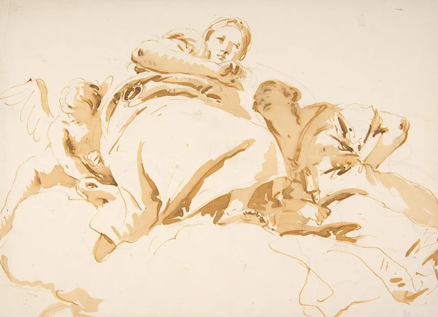 Two Women and a Winged Boy on Clouds