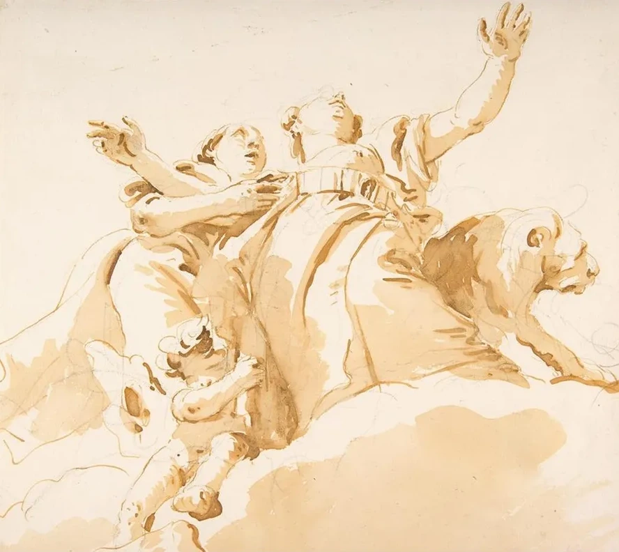 Two Women, a Lion, and a Putto on Clouds