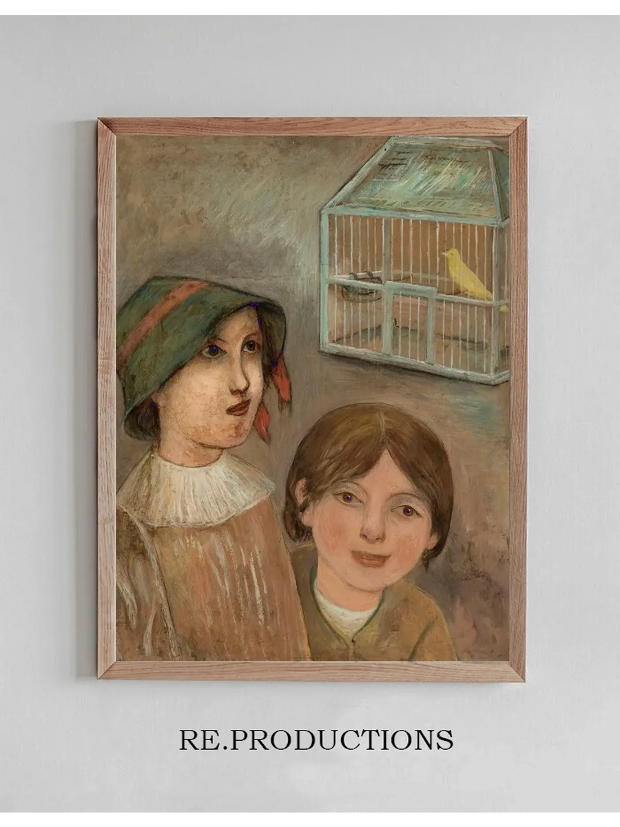 Two Little Girls Beside a Cage with a Canary