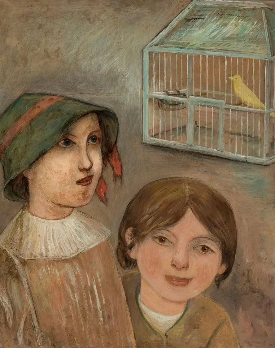 Two Little Girls Beside a Cage with a Canary