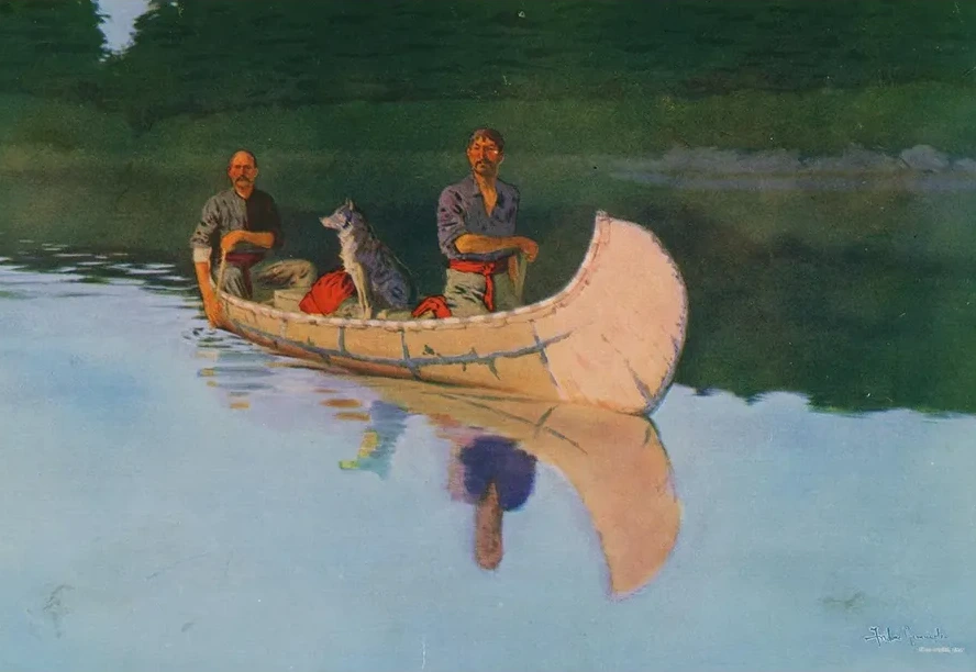 Two Men and a Dog in a Canoe