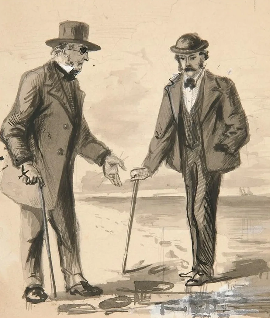 Two Men Conversing on Seashore
