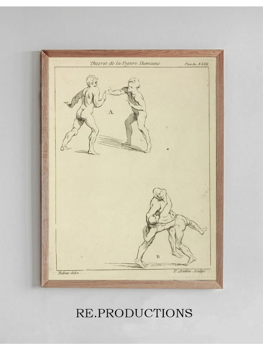 Two Pairs of Figures One Pair Extending Right Arms Toward Each Other, the Other Pair Wrestling