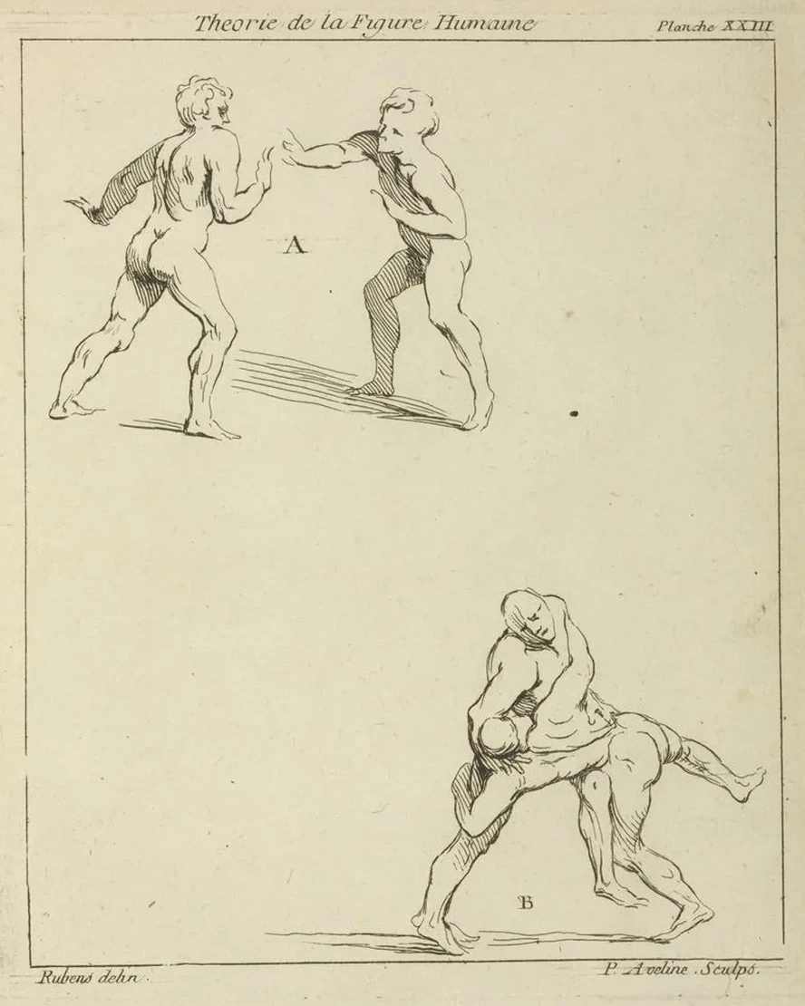 Two Pairs of Figures One Pair Extending Right Arms Toward Each Other, the Other Pair Wrestling