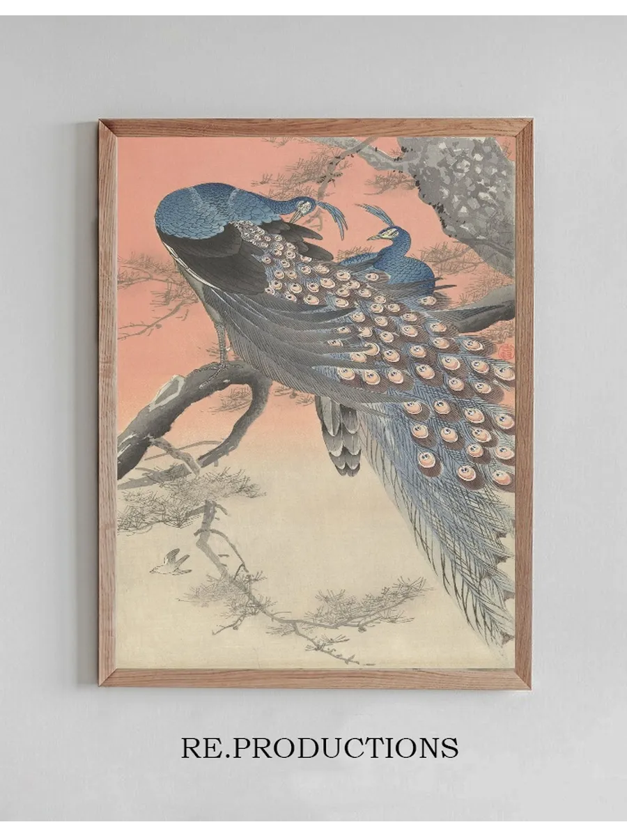 Two Peacocks on Tree Branch