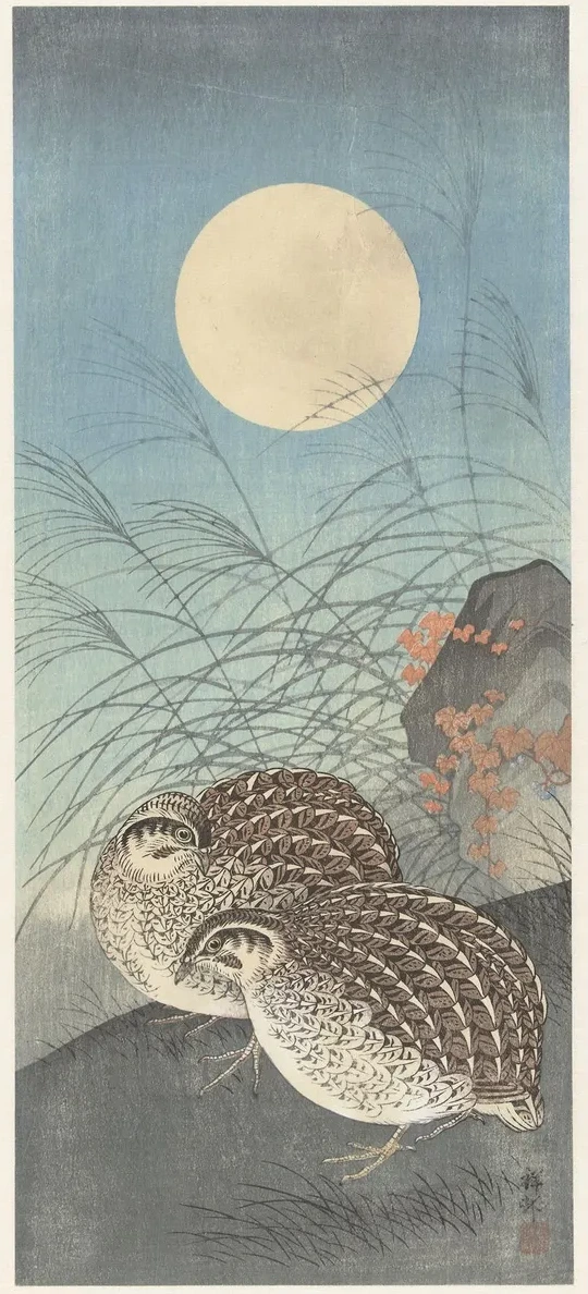 Two Quail at Full Moon