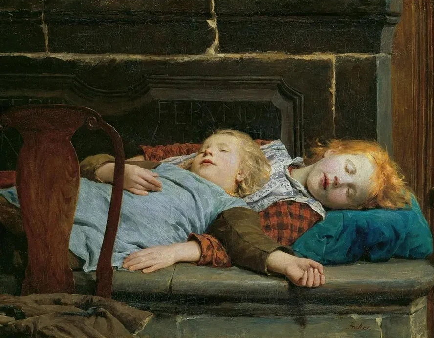 Two Sleeping Girls on the Stove Bench